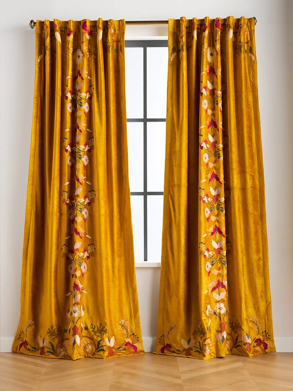 Anthropologie Fiori Velvet Embroidered Floral Blackout Curtain
